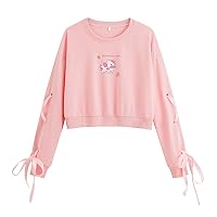 KEEVICI Cute Strawberry Cow Crop Sweatshirt for Teen Girls Kawaii Hoodie Pink Sweater Lace Up Long Sleeve Cotton Pullover…