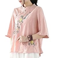 Summer Women Chinese Shirt Loose Vintage Cotton Linen Tops Hanfu Cheongsam Blouse Embroidery Chinese Clothes