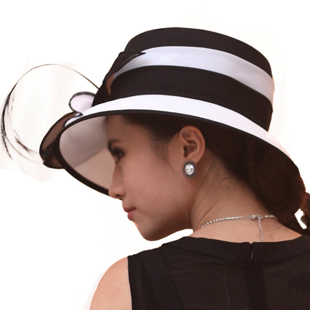 June's Young Women Church Hats Formal Dress Derby Hats with Feather Elegant Bucket Hats (Black/White)