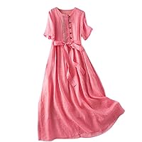 Women's Vintage Dress with Pocket Buttons Waist Short Sleeve Dress Womens Dresses