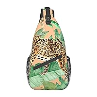 Leopard And Palm Leaves Sling Backpack, Multipurpose Travel Hiking Daypack Rope Crossbody Shoulder Bag