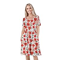 Women's Short Sleeve Empire Knee Length Dress with Pockets Red and White