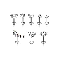 PiercingJak 8 x 16GA Helix Piercings Surgical Steel Stud Earrings Labret Tragus Cartilage Earrings with Flower Butterflies Moon Star Ball CZ Ear Piercing Stud Bars 6 mm Punk Jewellery