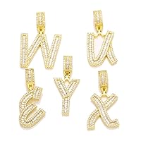 Hip Hop Letter Pendant 18K Gold Plated Bling CZ Simulated Diamond Iced Out A-Z Initial Name Copper Pendent Necklace Gold Silver Color for Men Jewelry with Stainless Steel Rope Chain