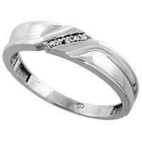 Sterling Silver Mens Diamond Wedding Band Rhodium finish, 3/16 inch wide
