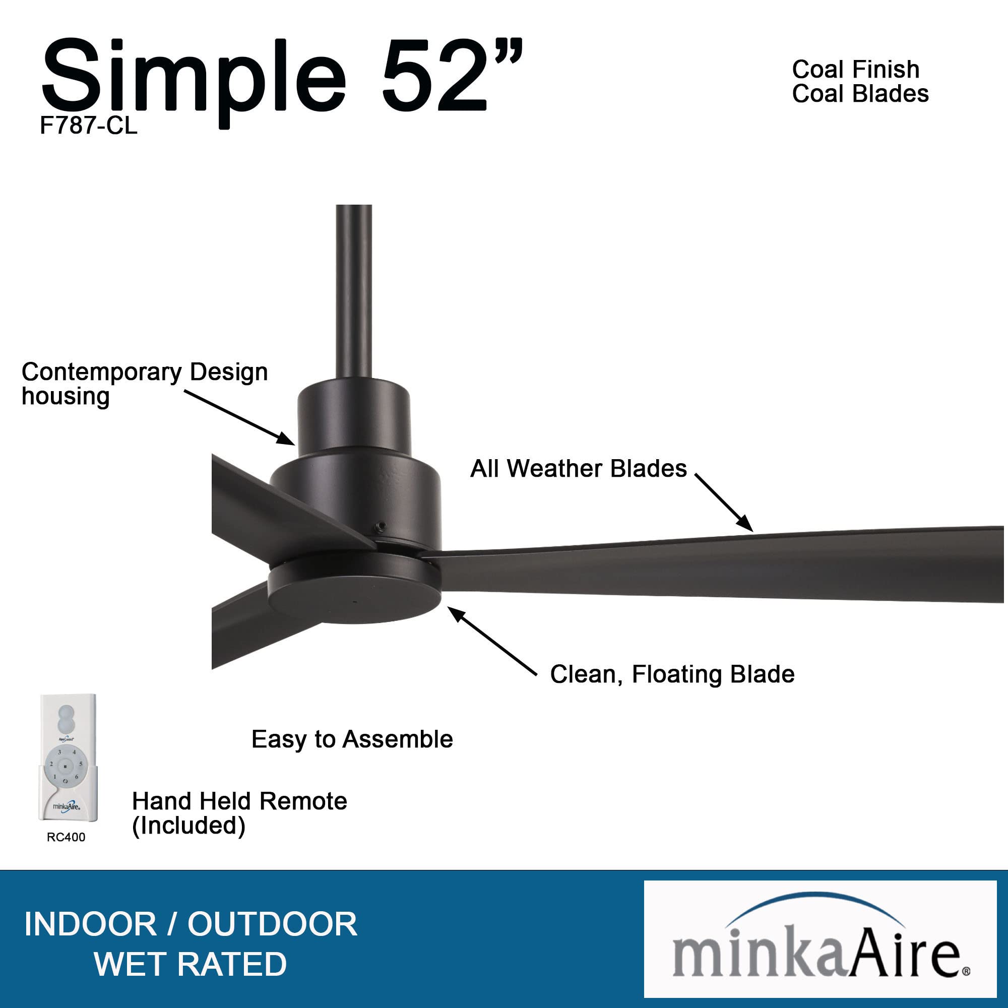 MINKA-AIRE F787-CL Simple 52 Inch Outdoor 3 Blade Ceiling Fan with DC Motor in Coal Finish