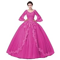 Lace Appliques Quinceanera Dresses Ball Gown Long Sleeves Tulle Prom Dress
