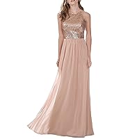 Halter Sleeveless Rose Gold Prom Evening Dresses Long Bridesmaid Gown Style B Size 16