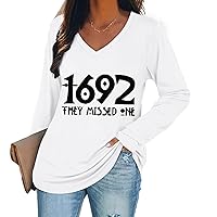 Vintage Long Sleeve Tshirt for Women, 1692 They Missed One Halloween Shirt Tops Casual V Neck Tee Pullover Swertshirts