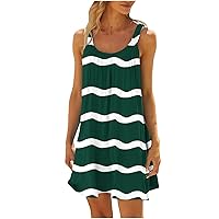 Womens Summer Casual Loose Beach Dress Vintage Print Casual Mini Tank Dresses Wavy Striped Sleeveless Tunic Dresss