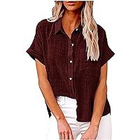 Clearance Items Under 5 Dollars Button Down Shirts For Women Casual Loose Dress Blouses Office Work T-Shirt Short Sleeve Casual Tops Cotton Linen Purple Top