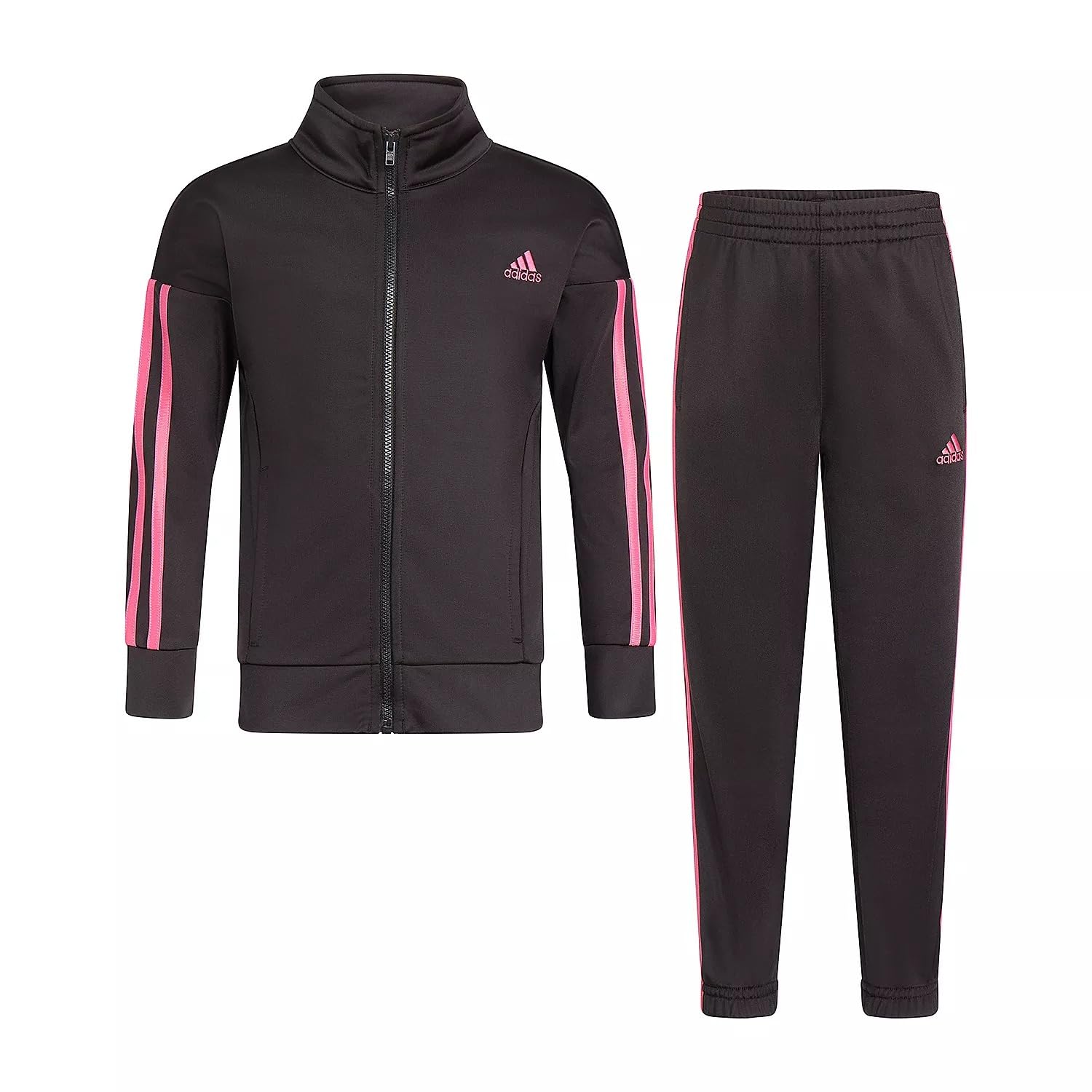 adidas Girls Zip Front Classic Tricot Jacket and Joggers Set, Black/Light Pink, 5