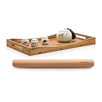 GOBAM Set of XL Bamboo Ottoman Tray (26x15in) for dining & parties and a Small Wood Rolling Pin (11x1.38in) for baking pasta, cookies, Chapati perfect for kitchen - Natural and Durable