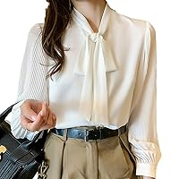 LUAN Chiffon Blouses for Women Bow Tie V Neck Shirts Lantern Sleeve Elegant Blouse Tops for Casual, Office Work