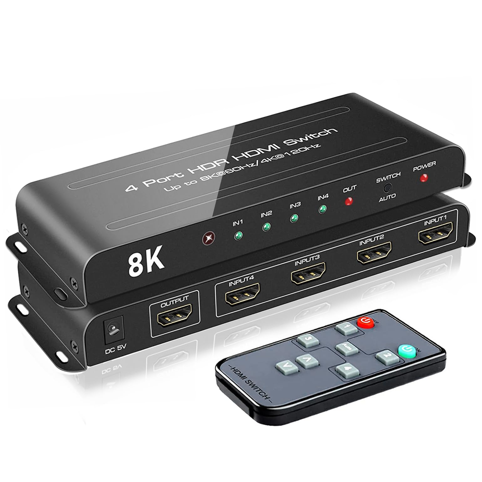 ROOFULL 4 Ports 8K HDMI 2.1 Switch 4 in 1 Out 8K@60Hz 4K@120Hz HDMI Switcher Selector with Remote Support Auto-Switching 48Gbps HDR 10+ Dolby Vision/Atmos HDCP 2.3 CEC