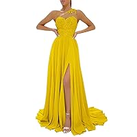 Women's One Shoulder Prom Dresses with Slit Chiffon Lace Applique Formal Evening Gowns with Pockets UU02