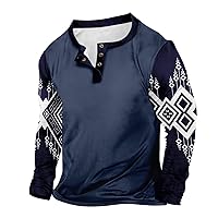 Mens Muscle Slim Henley Shirts Crewneck Longline T-Shirt Tees with Button Western Aztec Ethnic Print Shirts Blouse