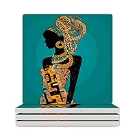African American Women Ceramic Coasters with Cork Bottom Absorbent Drink Coaster for Wooden Table Square 3.7 Inches 4PCS