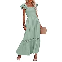 Ferlema Womens Summer Boho Lace Strap Sleeveless Square Neck Ruffle A Line Flowy Beach Long Maxi Dress with Pockets