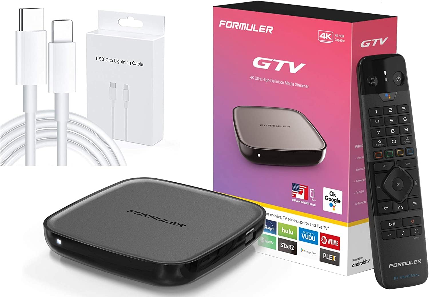 Formuler Gtv Certified Android Tv OS 9.0 with Real Bluetooth Voice Remote Control + Bonus USB Type C to Lightning Cable