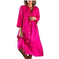 Plus Size Summer Cotton Linen Button Up Shirt Dress for Women 3/4 Sleeve High Waist Lapel Casual Loose Swing Dress