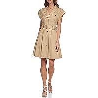 Women's Fit and Flare Wear to Work Belted Shirt Dress