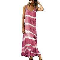 Plus Size Womens Wave Strips Pleated Maxi Cami Dress Summer Sleeveless V Neck Spaghetti Strap Casual Beach Dresses