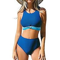 CUPSHE Women's Bikini Sets Two Piece Bathing Suit High Waisted High Neck Front Twist Back Cutout Back Hook Color Block