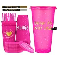 12 Pcs Plastic Tumbler with Lid and Straw, 24oz Reusable Coffee Cups Set, Tumbler Bulk for Beach Party Travel Employee Picnic Holiday (Pink)