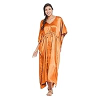 Indian Satin Silk Women's Long Caftan Kaftan Kimono Dress Gown Plus Size Orange Color