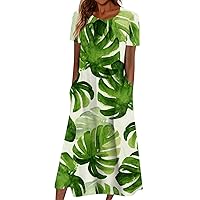 Dresses for Women 2024 Casual Summer Round Neck Short Sleeve Boho Floral Print Loose Flowy Maxi Sundress with Pockets