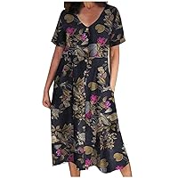 Women's Summer Casual Boho Dress Floral Print V Neck Button Down High Waist Midi Beach Flowy Dresses Linen Dress