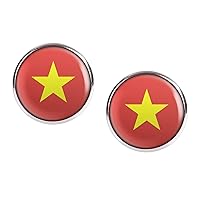 Stud Earring Pair with Cabochon Picture Vietnam Hanoi Flag silver different sizes