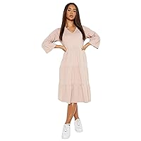 Women's Faux Georgette Flared Midi Solid Dress V-Neck Summer Casual Tiered Dresses