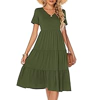 Berydress Women's Casual Summer Tiered Midi Dress Short Sleeve V-Neck Loose Cotton Ruffle Babydoll Dress Boho Sundress