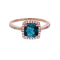 Sterling Silver Rose 7mm Cushion London Blue Topaz & Created White Sapphire Halo Ring