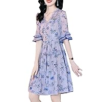 Women's Spring/Summer Dress,Elegant Slim Floral Real Mulberry Silk Dress