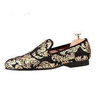 Gold Printing Men's Velvet Loafer Shoes Slip-on Loafer Round Toes Smoking Slipper