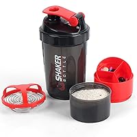 Shaker Bottle,16oz Protein Shaker Bottles with Mixing Ball, 3 in 1 Leak-proof GYM Shake Cup with Powder Storage & Pill Tray, Ideal for Workout,BPA Free（Red）
