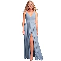 V-Neck Chiffon Long Bridesmaid Dress - Ruched Formal Dresses Evening Gowns with Slit