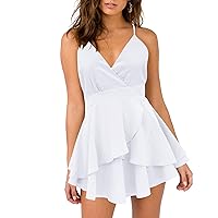 Women’s Deep V-Neck Cami Dress Crisscross Open Back Tie Waist Mini Dresses