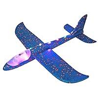 Airplane Toy Light Up Hand Throw Glider 19x19inch Large Foam Airplane Toy with 2 Flying Mode Easy Assembly Summer Outdoor Toys for Kids, Blue Glider Planes for Kids