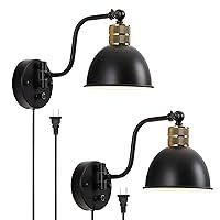 Plug in Wall Sconce Set of 2 Swing Arm Wall Lamp with Dimmable Switch, Farmhouse 2 in 1 Install Hardwired Wall Sconce Industrial Vintage Wall Mounted Light for Bedroom Reading, Black