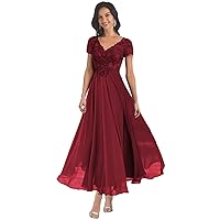 BANTRATIC Tea Length Mother of The Bride Dresses Wedding Lace Applique V Neck Chiffon Formal Evening Gowns with Sleeves