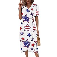 Women's 4Th of July Outfits Dresses Print Elegant Wrap V Neck Boho Dress Flowy Ruched Hawaiian Maxi Dress, S-3XL