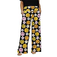Women's Wide Leg Pants with Pockets with Emoji Design