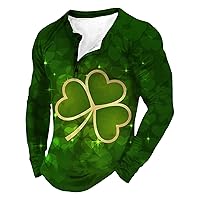 St. Patrick's Day Shirt for Men Distressed 1/4 Button Long Sleeve Henley Shirt Lucky Clover Green Saint Pattys Tops