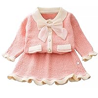Toddler Baby Girls Outfit Knitted Buttons Ruffle Sweater Tops Mini Skirt Bowknot Long Sleeve Autumn Winter Clothes Set Pink C 2-3 Years