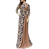 Women's Retro Kaftan Abaya Dress Muslim Long Sleeve Crew Neck Split Maxi Dress Islamic Arab Jilbab with Pockets