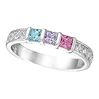 Central Diamond Center Princess w/Sides Mothers Rings with 1 to 6 Simulated Birthstones, Sterling Silver or 10K Gold